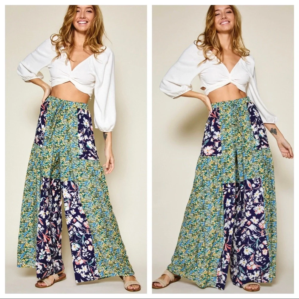Lindsey boho chic wide leg mixed floral print pants - Picture 4 of 4